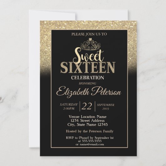 Gold Tiara Glitter Bokeh Ombre Sweet 16 Party Kaart (Voorkant)
