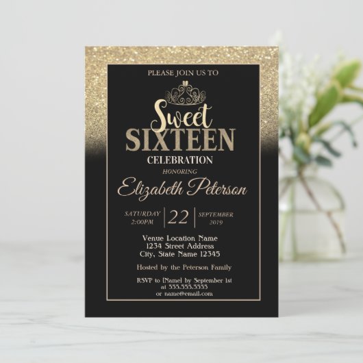 Gold Tiara Glitter Bokeh Ombre Sweet 16 Party Kaart (Staand voorkant)