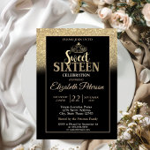 Gold Tiara Glitter Bokeh Ombre Sweet 16 Party Kaart
