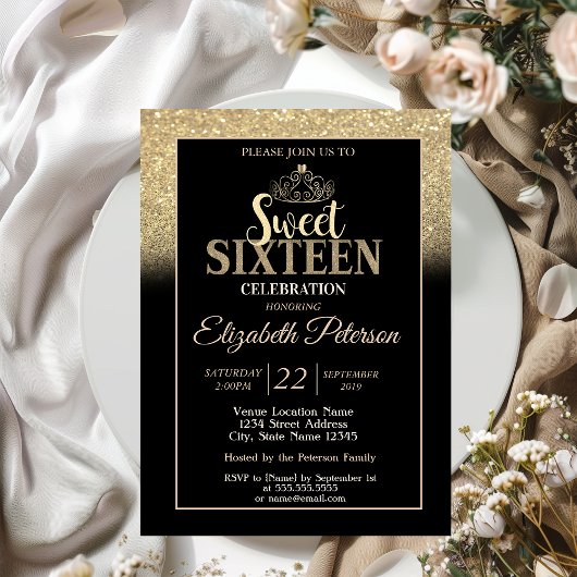 Gold Tiara Glitter Bokeh Ombre Sweet 16 Party Kaart