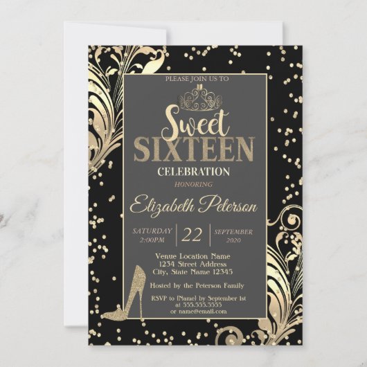 Gold Tiara Glitter Heels Diamonds Sweet 16 Party Kaart (Voorkant)