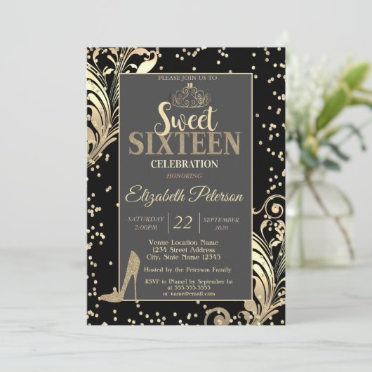 Gold Tiara Glitter Heels Diamonds Sweet 16 Party Kaart (Staand voorkant)