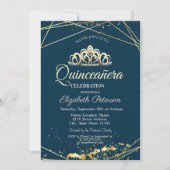 Gold Tiara, Navy Blue Quinceañera Kaart (Voorkant)