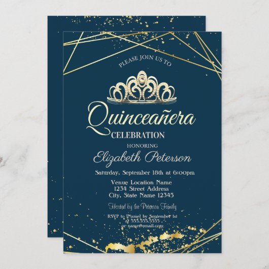 Gold Tiara, Navy Blue Quinceañera Kaart (Voorkant / Achterkant)