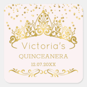 Gold tiara, polka dot confetti Quinceanera Vierkante Sticker