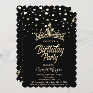 Gold Tiara Stars Black Birthday Party Kaart