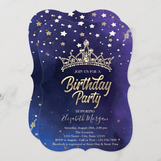 Gold Tiara Stars Blue Birthday Party Kaart (Voorkant / Achterkant)