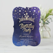 Gold Tiara Stars Blue Birthday Party Kaart (Staand voorkant)