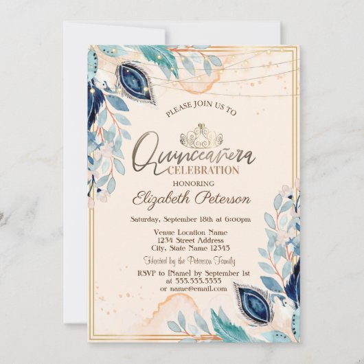 Gold Tiara, String Lights Wood Flowers Quinceañera Kaart (Voorkant)