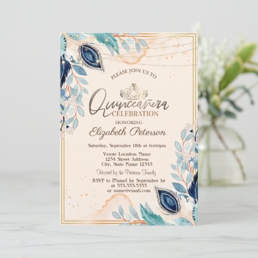 Gold Tiara, String Lights Wood Flowers Quinceañera Kaart (Staand voorkant)