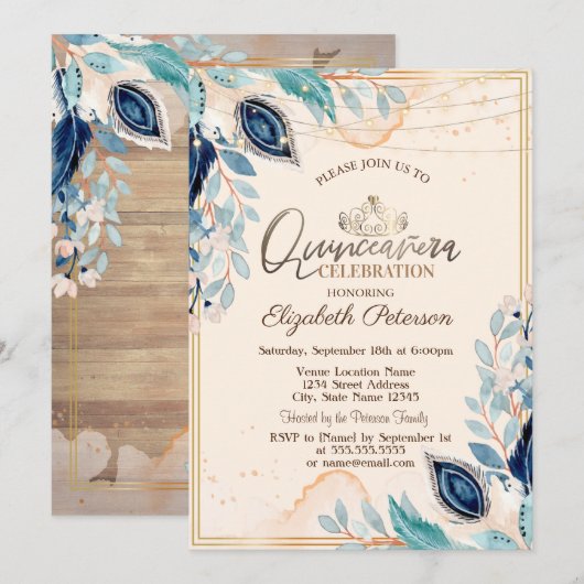 Gold Tiara, String Lights Wood Flowers Quinceañera Kaart (Voorkant / Achterkant)