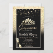Gold Tiara, Wine Glass Glitter Quinceañera Kaart (Voorkant)