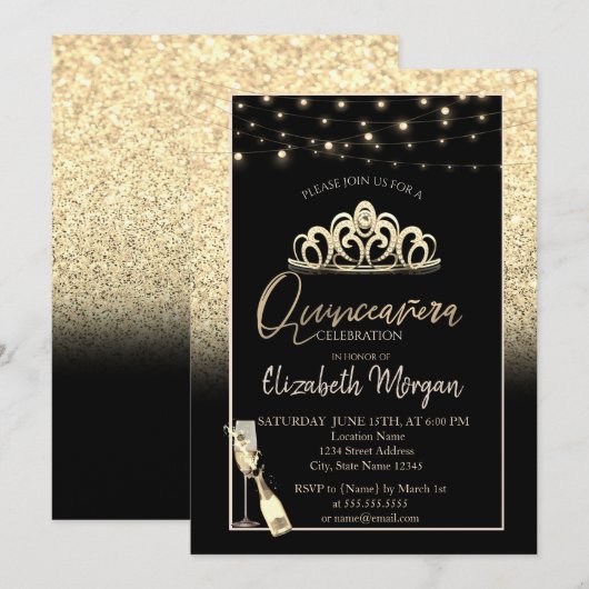 Gold Tiara, Wine Glass Glitter Quinceañera Kaart (Voorkant / Achterkant)