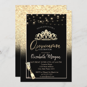 Gold Tiara, Wine Glass Glitter Quinceañera Kaart