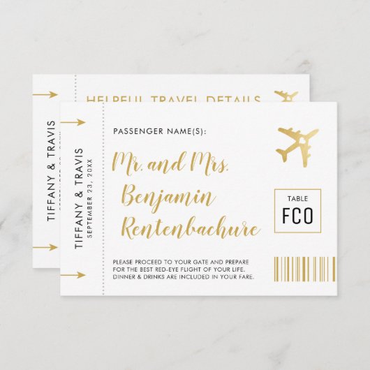 Gold Ticket Boarding Pass Place Card Individueel (Voorkant / Achterkant)