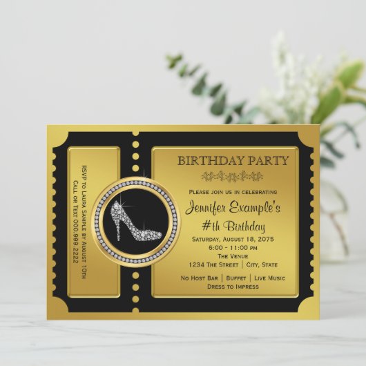 Gold Ticket High Heel Shoe Verjaardagsfeest Kaart (Staand voorkant)
