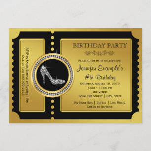 Gold Ticket High Hiel Shoe Birthday Party Kaart