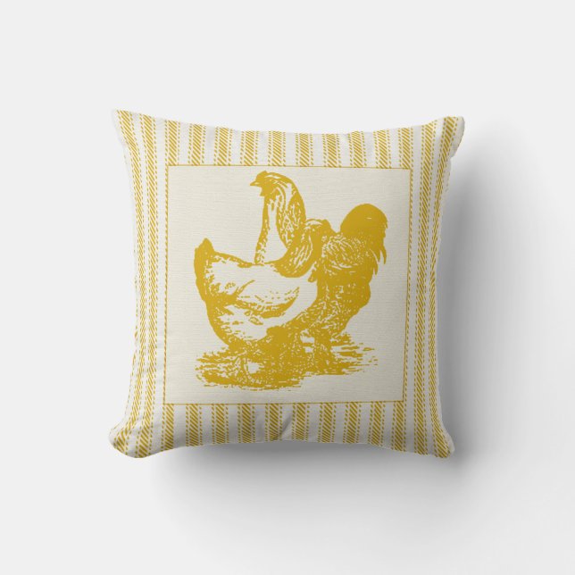 Gold Ticking met Rooster en Chicken Kussen (Voorkant)