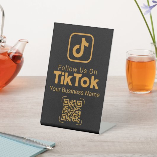 Gold TikTok Follow Us QR Code Business Name Reclamebord Met Voetstuk (Insitu)
