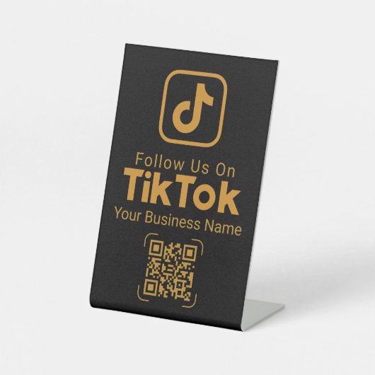 Gold TikTok Follow Us QR Code Business Name Reclamebord Met Voetstuk (Voorkant)