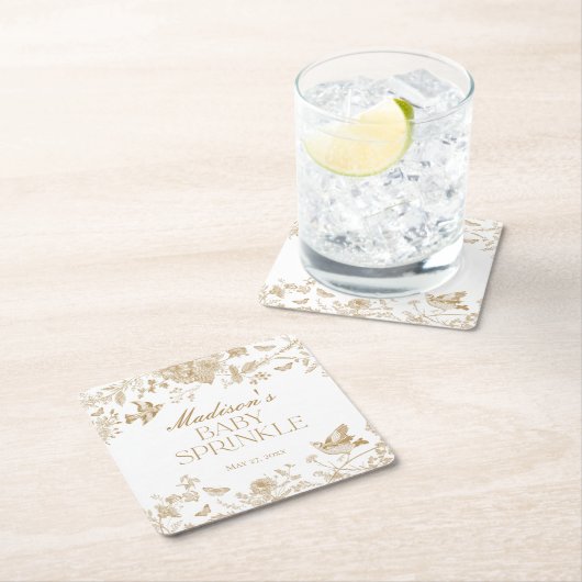 Gold Toile De Jouy  Bloemen Baby Sprinkle Kartonnen Onderzetters (Insitu)