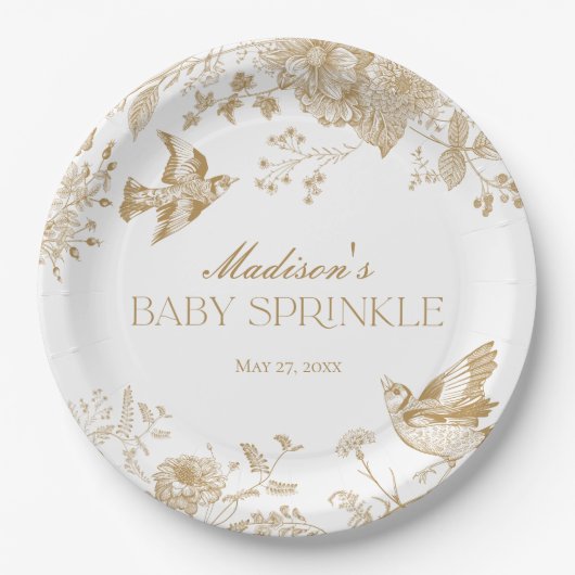 Gold Toile De Jouy  Bloemen Baby Sprinkle Papieren Bordje (Voorkant)