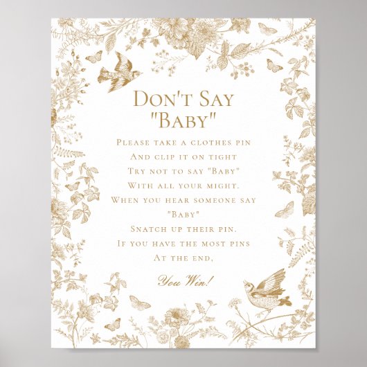 Gold Toile De Jouy Dont Say Baby shower Game Poster (Voorkant)