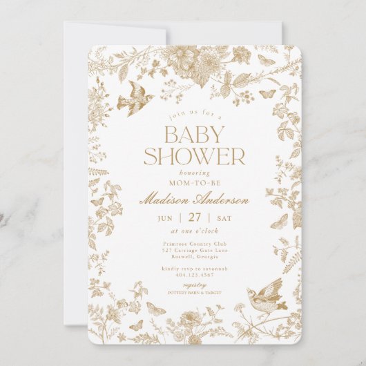 Gold Toile De Jouy  Floral Baby shower Kaart (Voorkant)