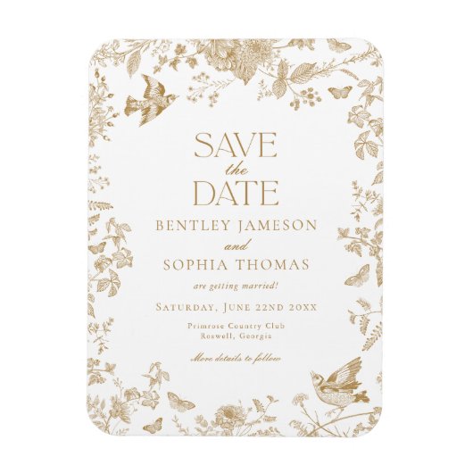 Gold Toile De Jouy Floral Save the Date Magneet (Verticaal)