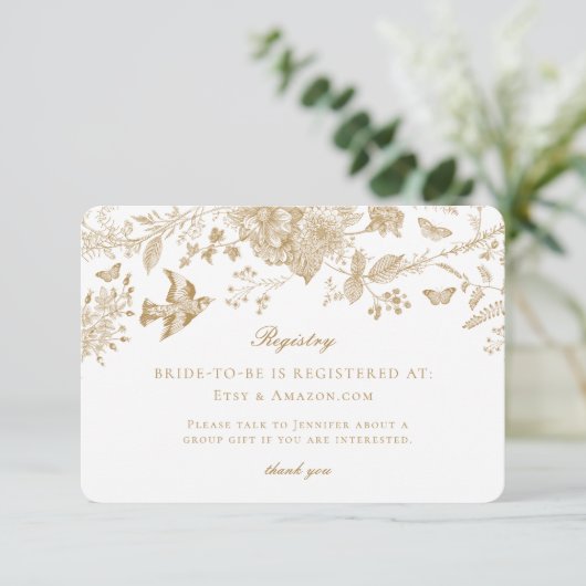 Gold Toile de Jouy Registry Kaart Invitation Inser (Staand voorkant)