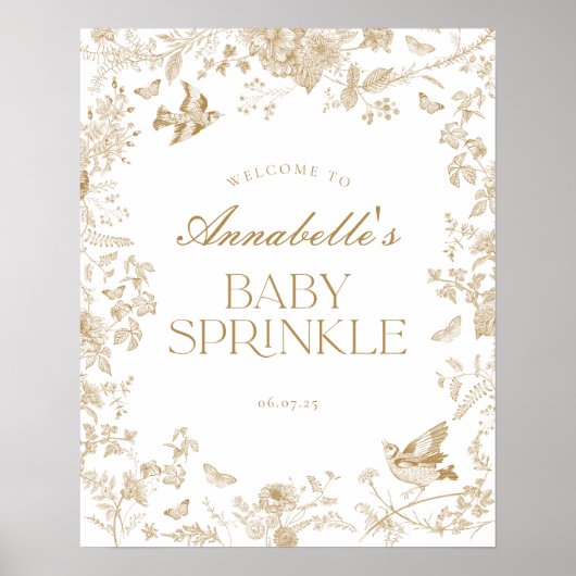 Gold Toile Jouy Floral Baby Sprinkle Welkom Teken Poster (Voorkant)