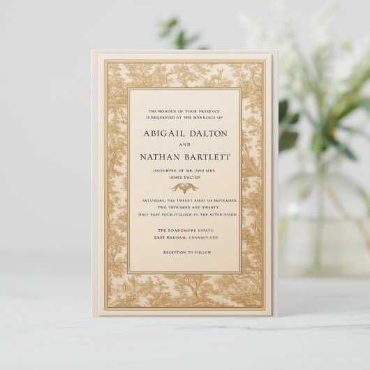 Gold Toile Wedding Invitation (Gilded Heirloom) Kaart (Staand voorkant)
