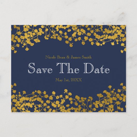 Gold Tone Baby's Breath Blue Save the Date Aankondigingskaart (Voorkant)