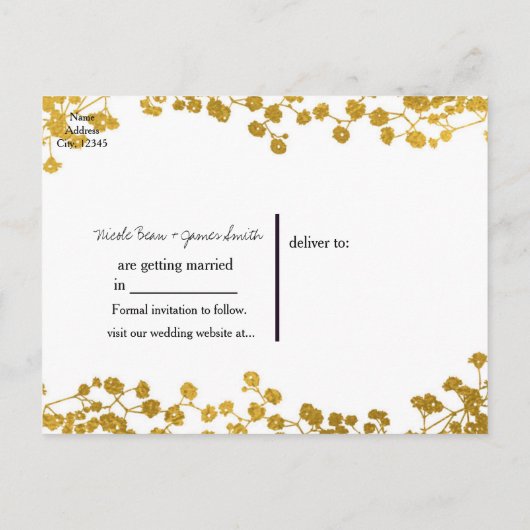 Gold Tone Baby's Breath White Sparen de Datum Aankondigingskaart (Achterkant)