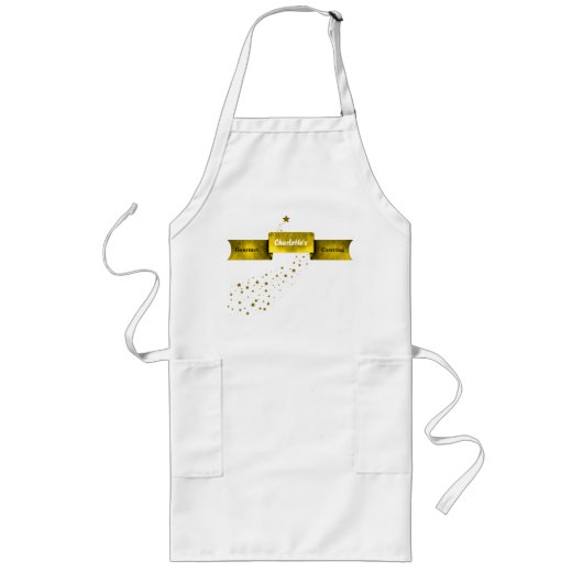 Gold Tone Banner & Stars Aangepaste Chef Apron Lang Schort (Voorkant)