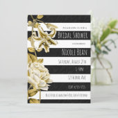 Gold Tone Bloemen Zwart & Wit Gestreepte Uitnodigi Kaart (Staand voorkant)