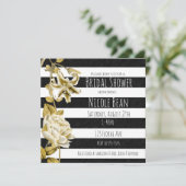 Gold Tone Bloemen Zwart & Wit Gestreepte Uitnodigi Kaart (Staand voorkant)