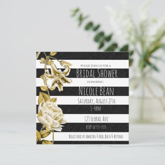 Gold Tone Bloemen Zwart & Wit Gestreepte Uitnodigi Kaart (Staand voorkant)