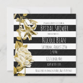Gold Tone Bloemen Zwart & Wit Gestreepte Uitnodigi Kaart (Voorkant)