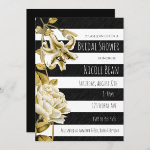 Gold Tone Floral Black & White Striped Invitation Kaart