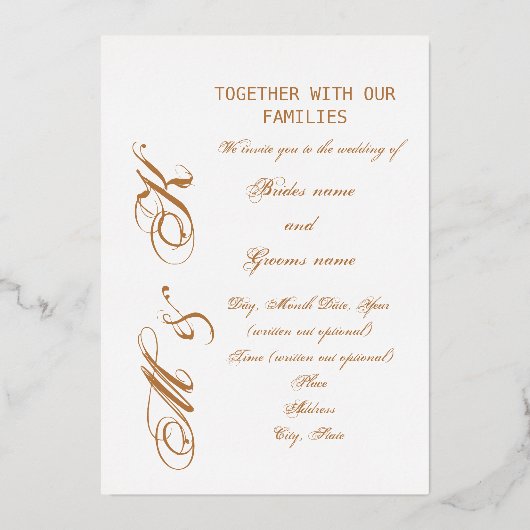 "Gold Tone Lettering" Wedding Folie Uitnodiging (Voorkant)