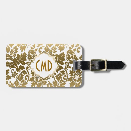 Gold Tones Floral Damasover White Background Bagagelabel (Voorkant horizontaal)
