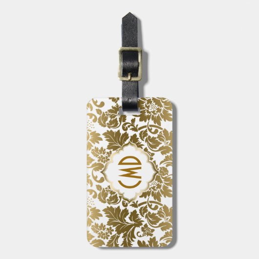Gold Tones Floral Damasover White Background Bagagelabel (Voorkant verticaal)