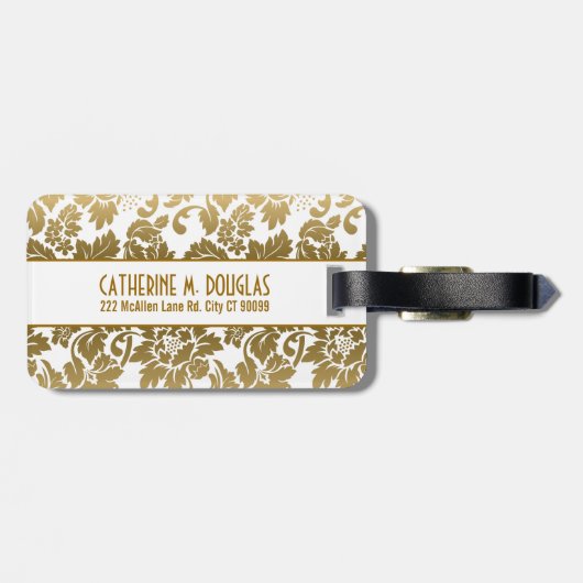 Gold Tones Floral Damasover White Background Bagagelabel (Achterkant horizontaal)