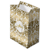 Gold Tones Floral Damasover White Background Medium Cadeauzakje (Voorkant Gekanteld)