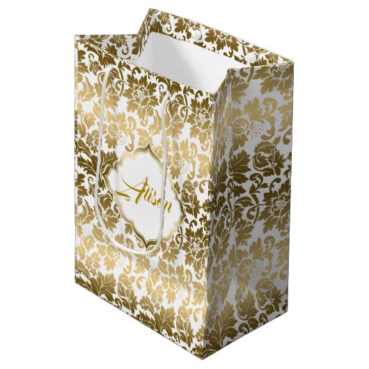 Gold Tones Floral Damasover White Background Medium Cadeauzakje (Voorkant Gekanteld)