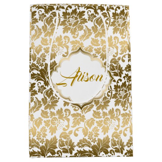 Gold Tones Floral Damasover White Background Medium Cadeauzakje (Voorkant)