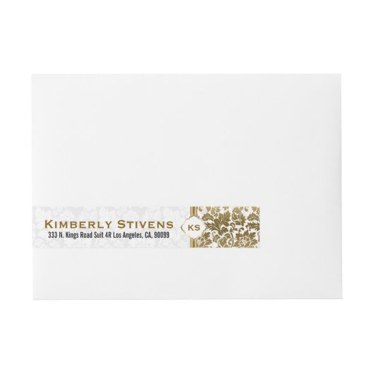 Gold Tones Floral Damasover White Background Omwikkelbaar Adreslabel (Voorkant)