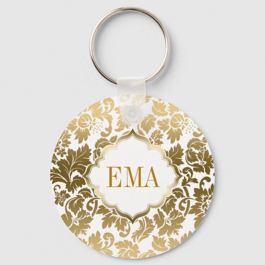 Gold Tones Floral Damasover White Background Sleutelhanger (Voorkant)