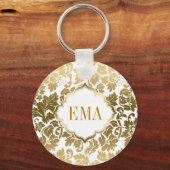 Gold Tones Floral Damasover White Background Sleutelhanger (Voorkant)